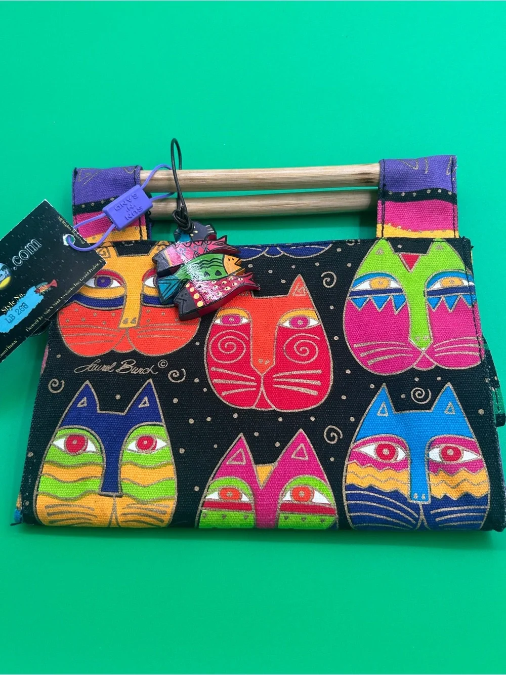 #1 Laurel Burch Black Multicolor Cat Clutch with Wooden Handle